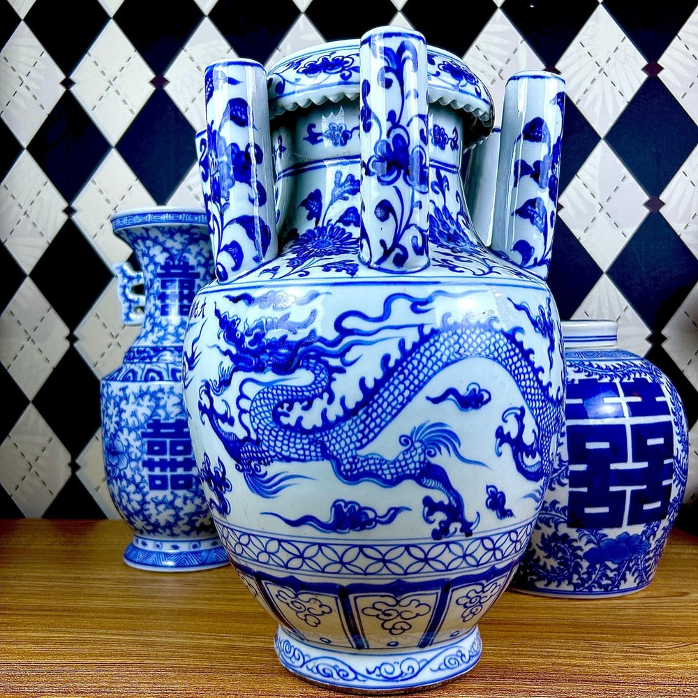 Grand Tulipière 15" Blue & White Chinoiserie Dragon Vase Porcelain Multi-Spout - Picture 11 of 17